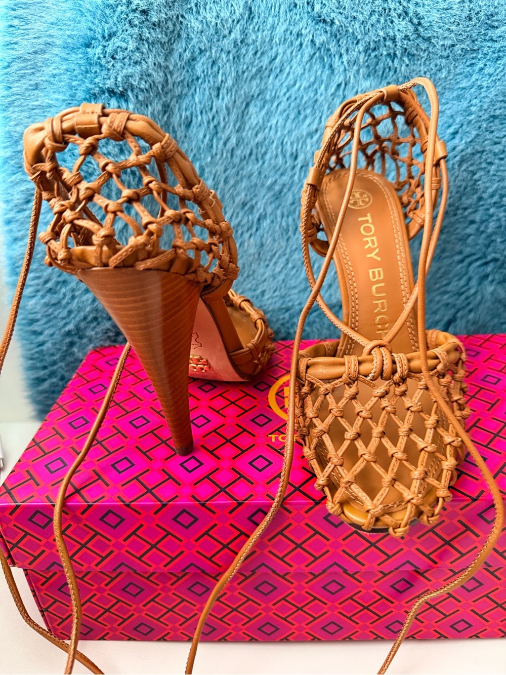 Tory Burch Tan Woven Lace-Up High Heel Sandals